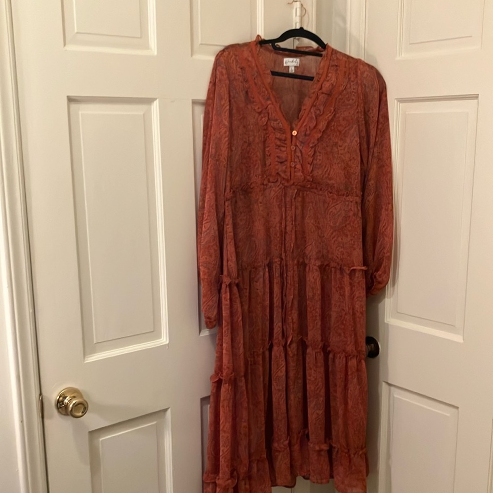 Wonderly brand Orange Pleated Sundress with Bishop Sleeves